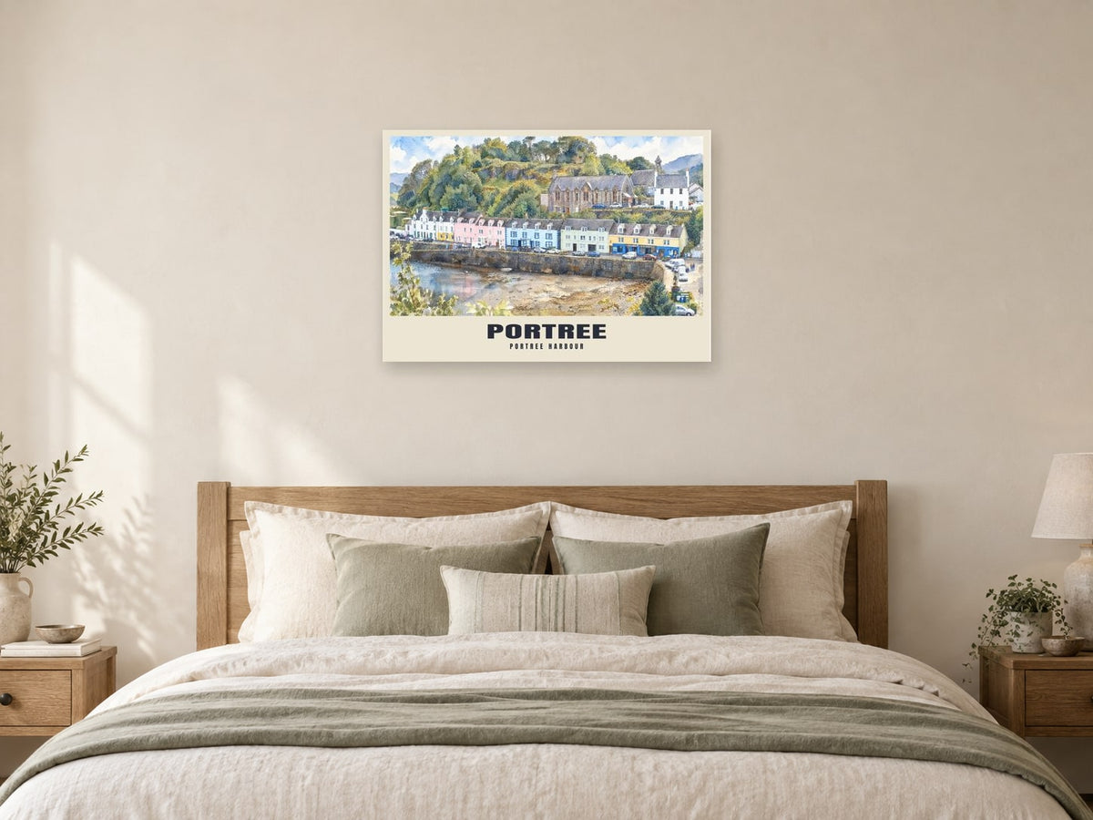 Portree harbour Poster at A1, as a poster, above a bed