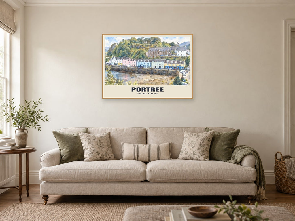 Portree harbour Poster at A1, in a natural wood frame, in a sitting room