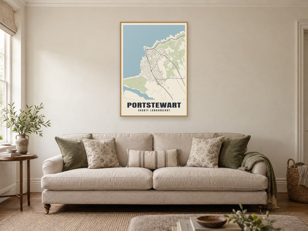 Portstewart Street Map Poster at A1, in a natural wood frame, in a sitting room