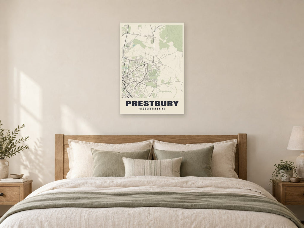 Prestbury Street Map Poster at A1, as a poster, above a bed