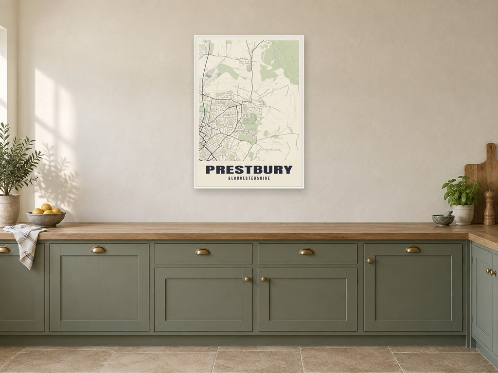Prestbury Street Map Poster at A1, in a white frame, in a kitchen