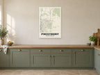 Prestbury Street Map Poster at A1, in a white frame, in a kitchen