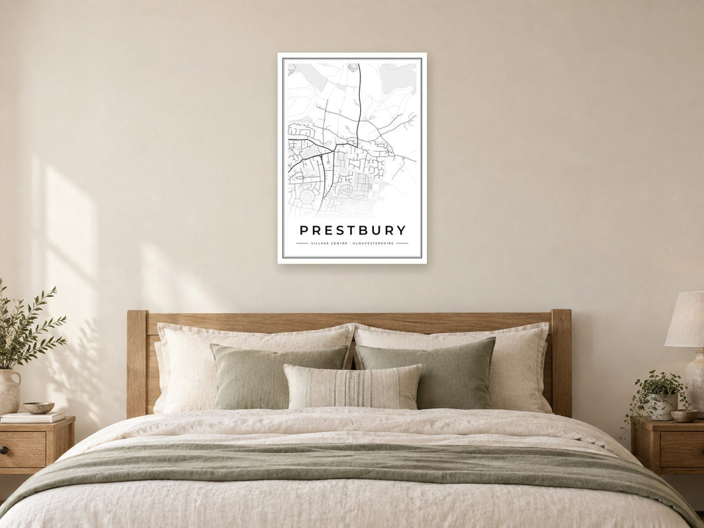 Prestbury Village Centre Street Map Poster at A1, as a poster, above a bed