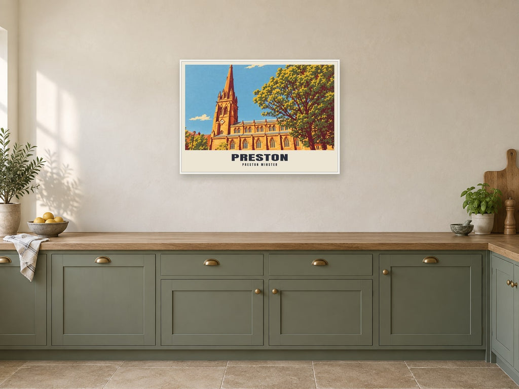 Preston Minster Poster at A1, in a white frame, in a kitchen