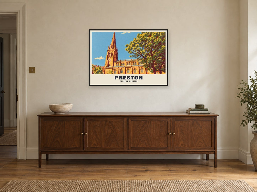 Preston Minster Poster at A1, in a black frame, above a sideboard