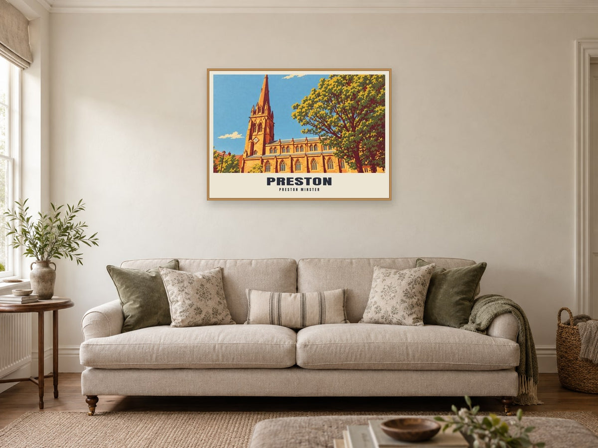 Preston Minster Poster at A1, in a natural wood frame, in a sitting room