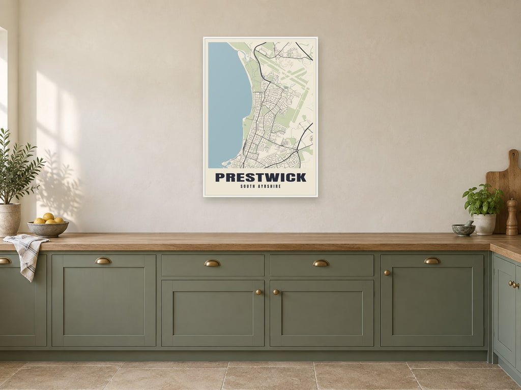 Prestwick Street Map Poster at A1, in a white frame, in a kitchen