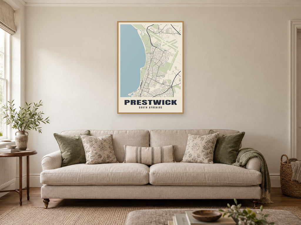Prestwick Street Map Poster at A1, in a natural wood frame, in a sitting room