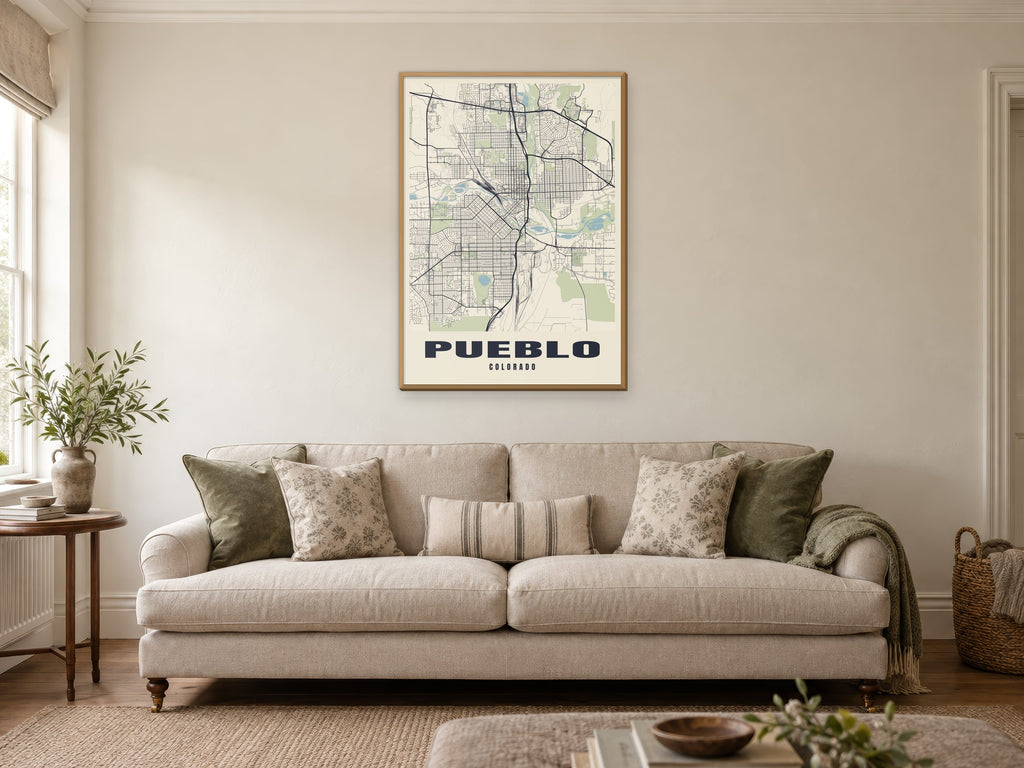 Pueblo Street Map Poster at A1, in a natural wood frame, in a sitting room