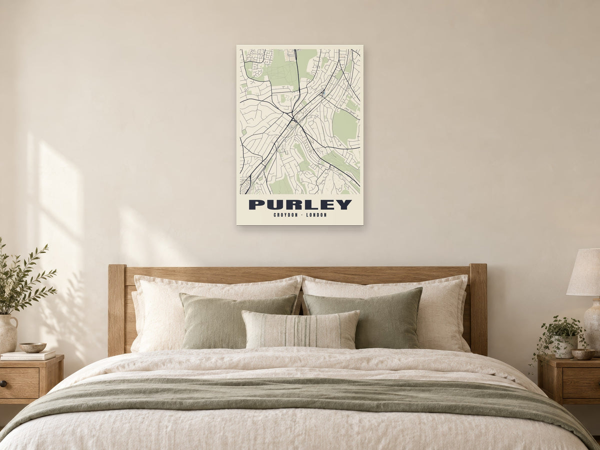 Purley Heritage Street Map Poster at A1, as a poster, above a bed