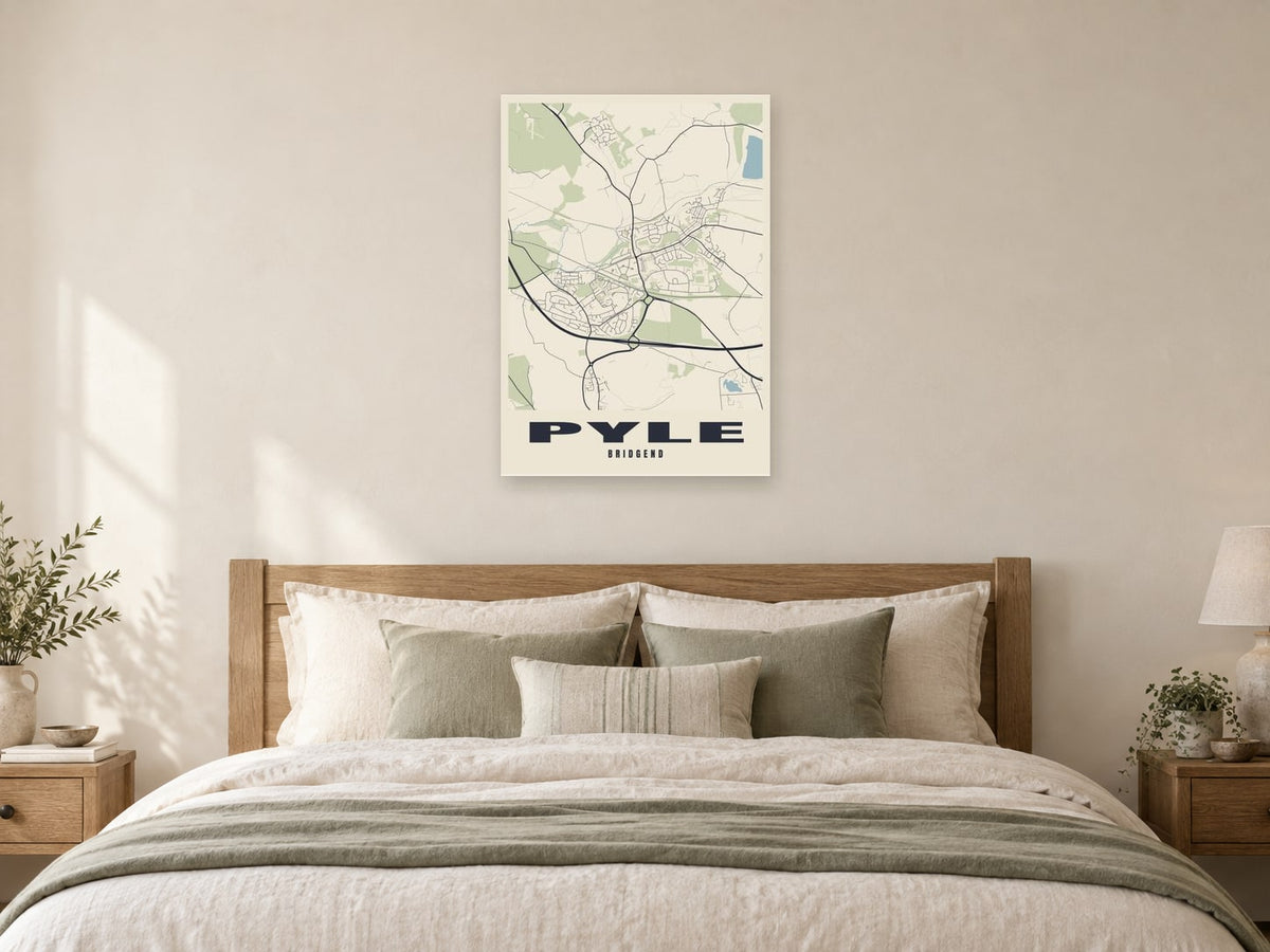 Pyle Street Map Poster at A1, as a poster, above a bed