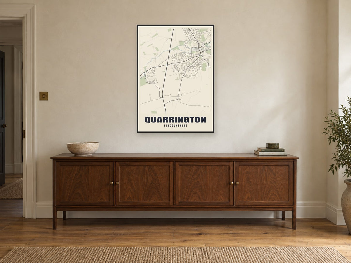 Quarrington Street Map Poster at A1, in a black frame, above a sideboard