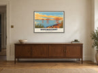 The Forth Bridge, Queensferry Poster at A1, in a black frame, above a sideboard