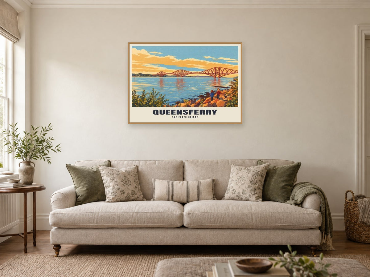 The Forth Bridge, Queensferry Poster at A1, in a natural wood frame, in a sitting room