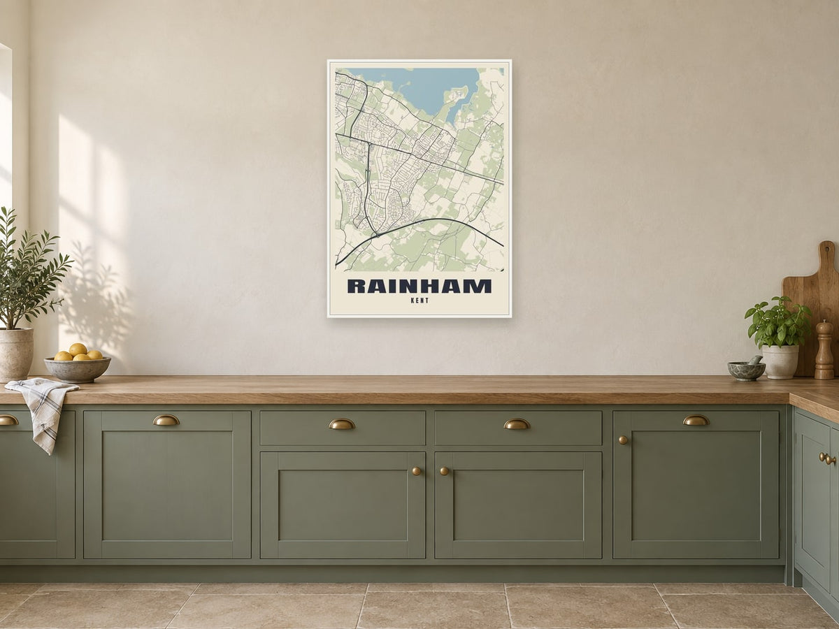 Rainham Street Map Poster at A1, in a white frame, in a kitchen