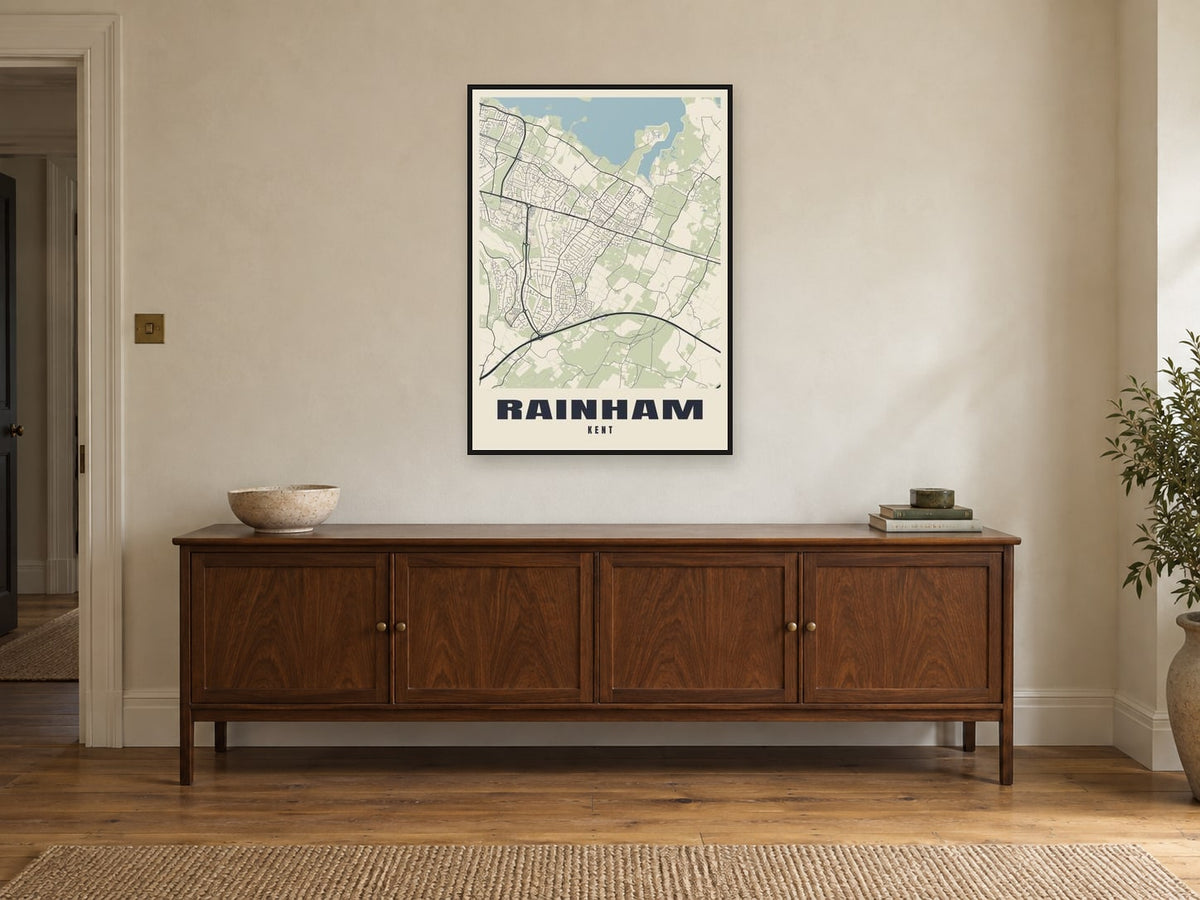 Rainham Street Map Poster at A1, in a black frame, above a sideboard