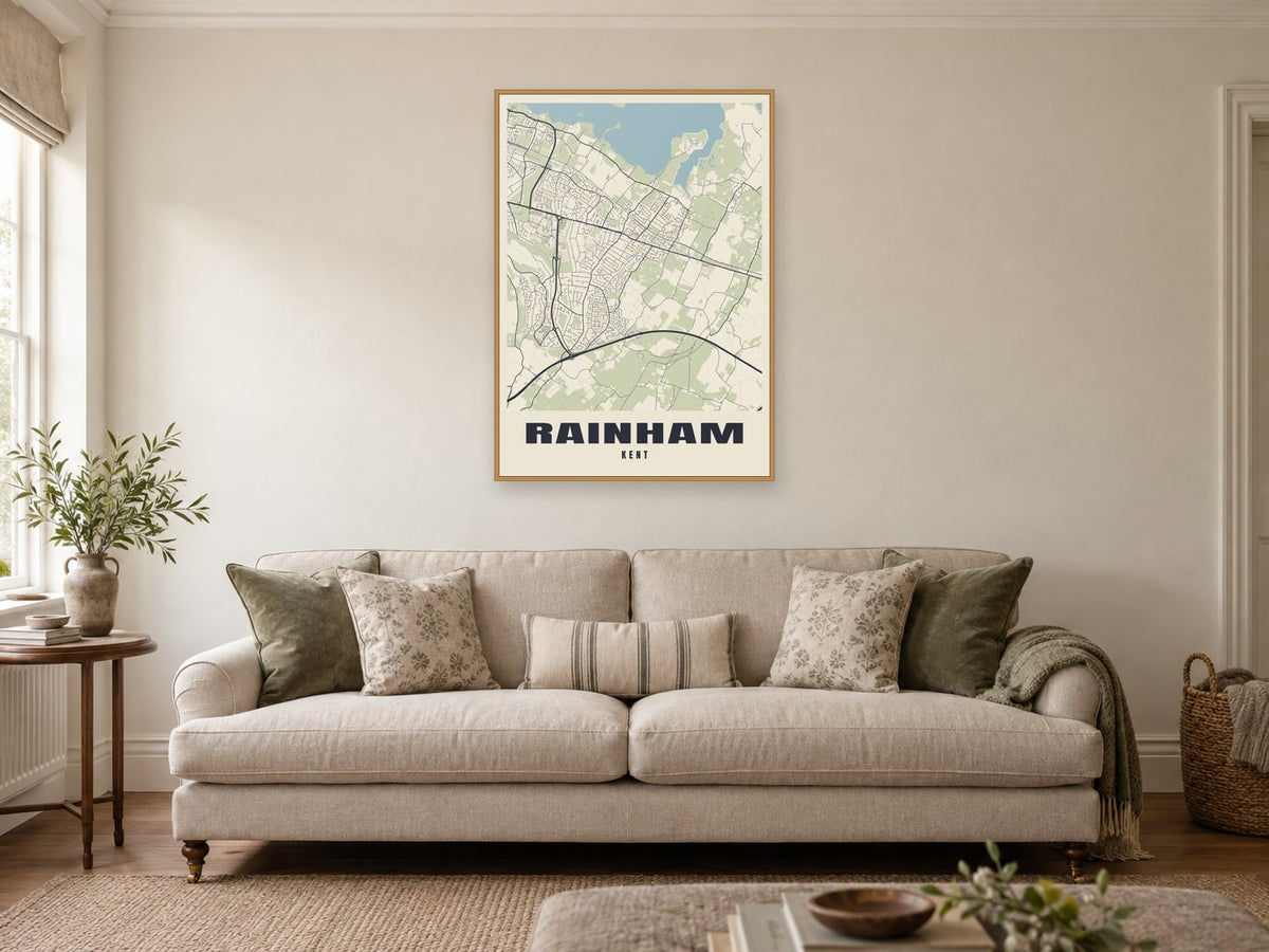 Rainham Street Map Poster at A1, in a natural wood frame, in a sitting room
