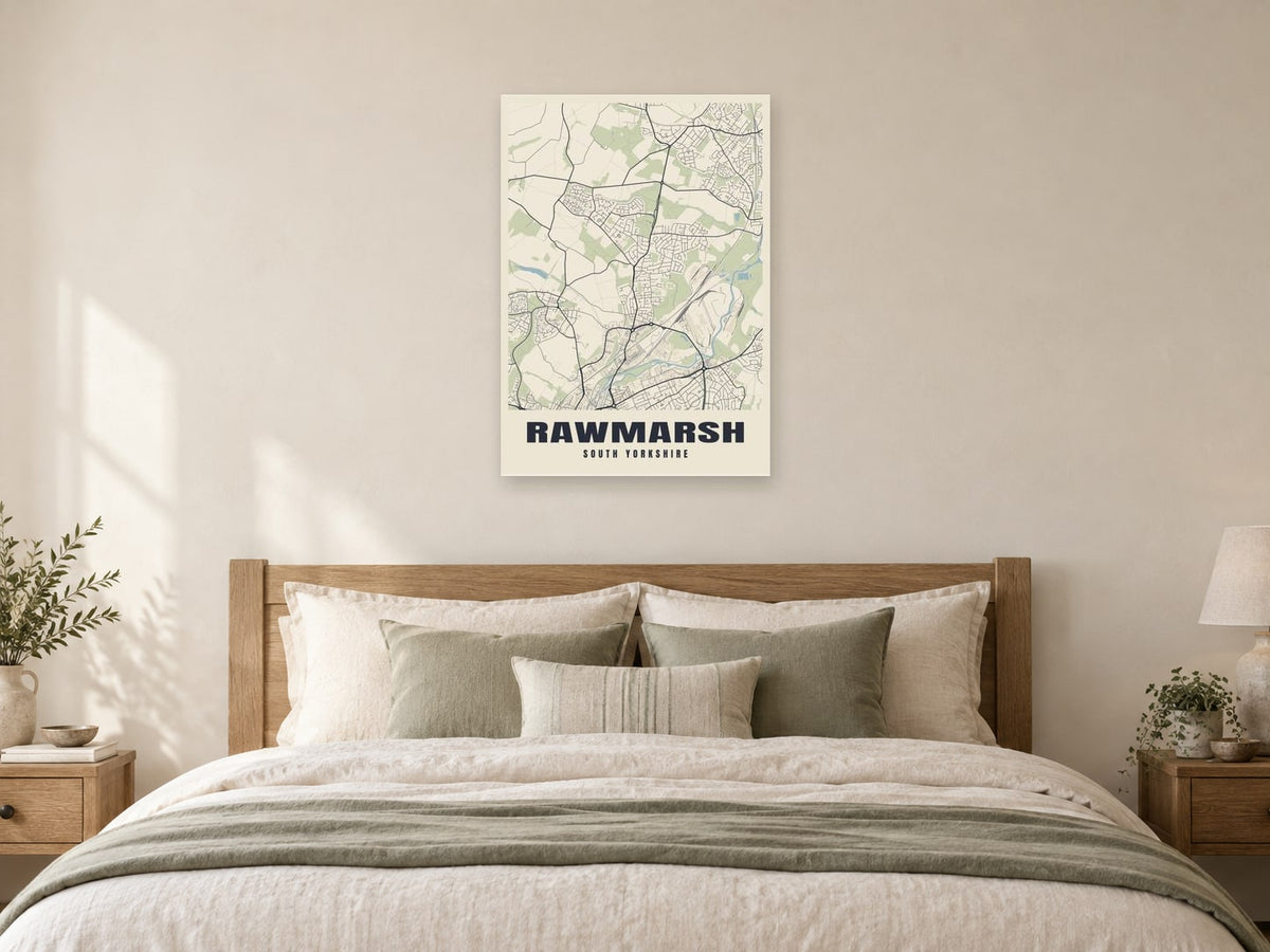 Rawmarsh Street Map Poster at A1, as a poster, above a bed