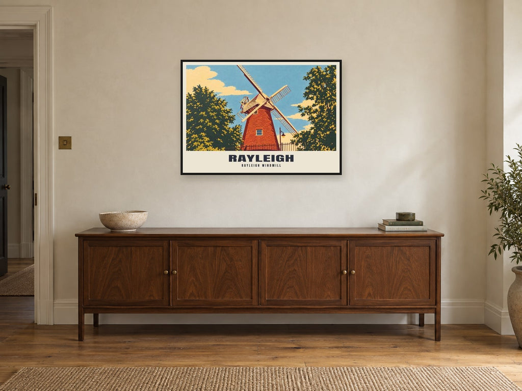 Rayleigh Windmill Poster at A1, in a black frame, above a sideboard