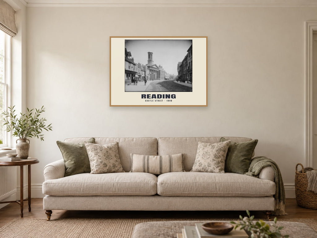 Castle Street, Reading, 1890 Heritage Print at A1, in a natural wood frame, in a sitting room