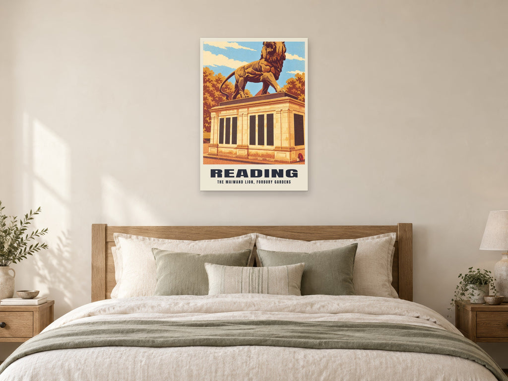 The Maiwand Lion, Reading Poster at A1, as a poster, above a bed