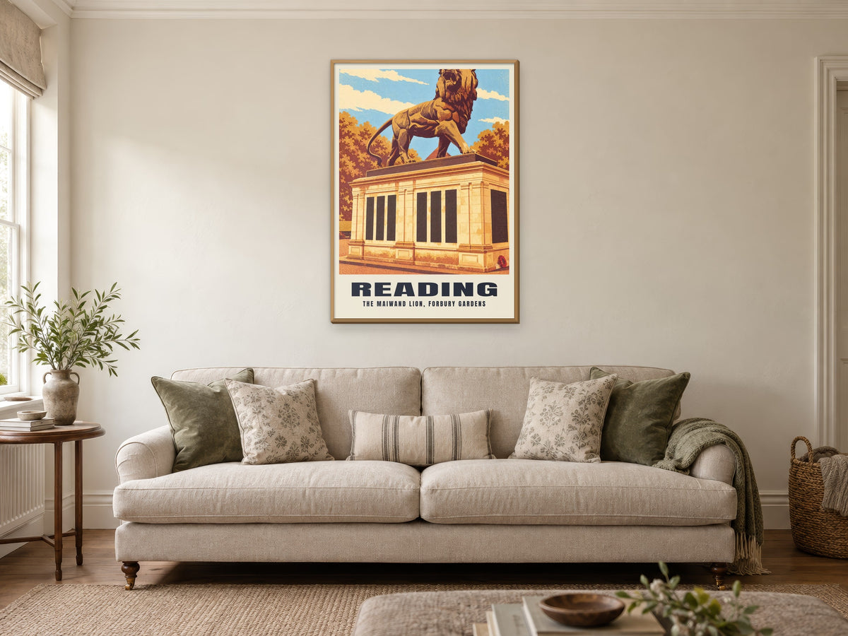 The Maiwand Lion, Reading Poster at A1, in a natural wood frame, in a sitting room