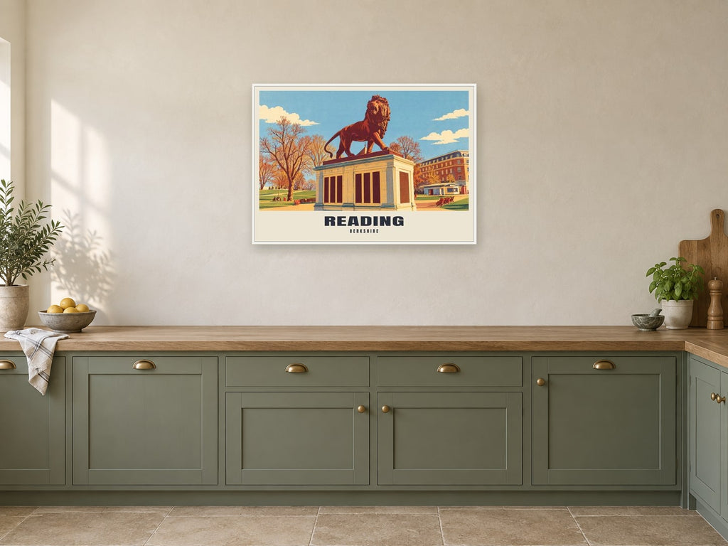 Reading Poster at A1, in a white frame, in a kitchen