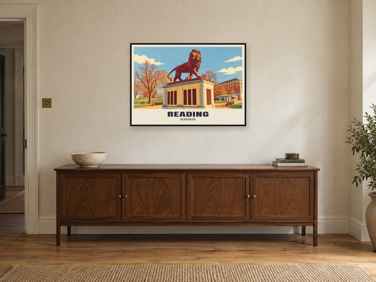 Reading Poster at A1, in a black frame, above a sideboard