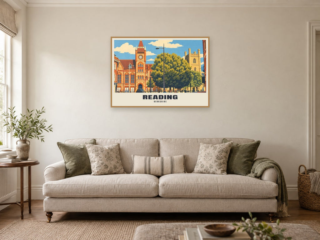 Reading Town Hall Poster at A1, in a natural wood frame, in a sitting room