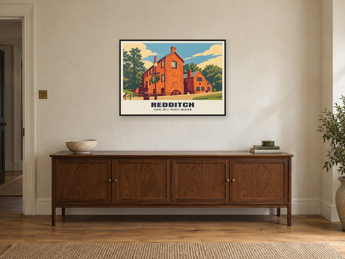 Forge Mill Needle Museum, Redditch Poster at A1, in a black frame, above a sideboard