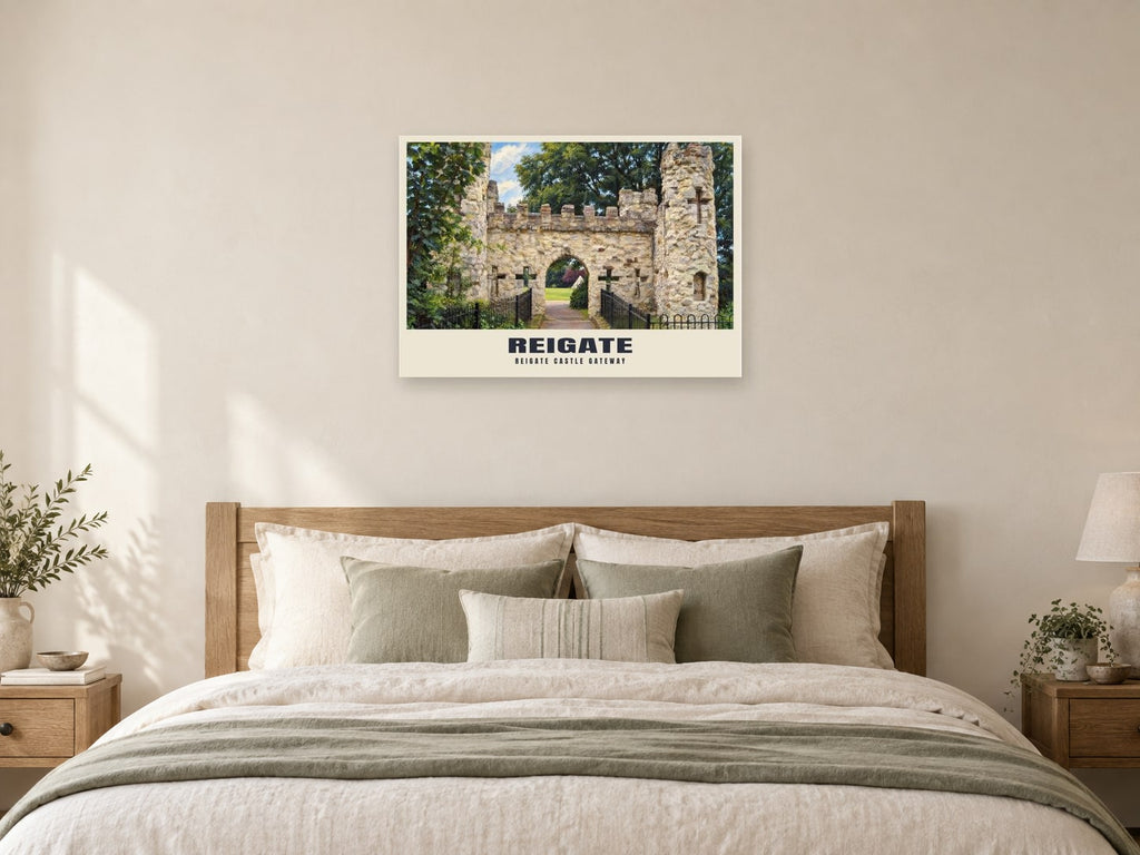 Reigate Castle Gateway Poster at A1, as a poster, above a bed