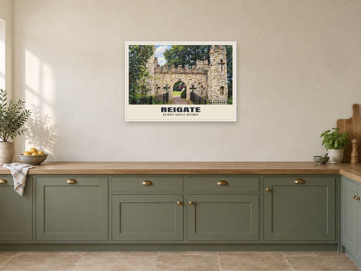 Reigate Castle Gateway Poster at A1, in a white frame, in a kitchen