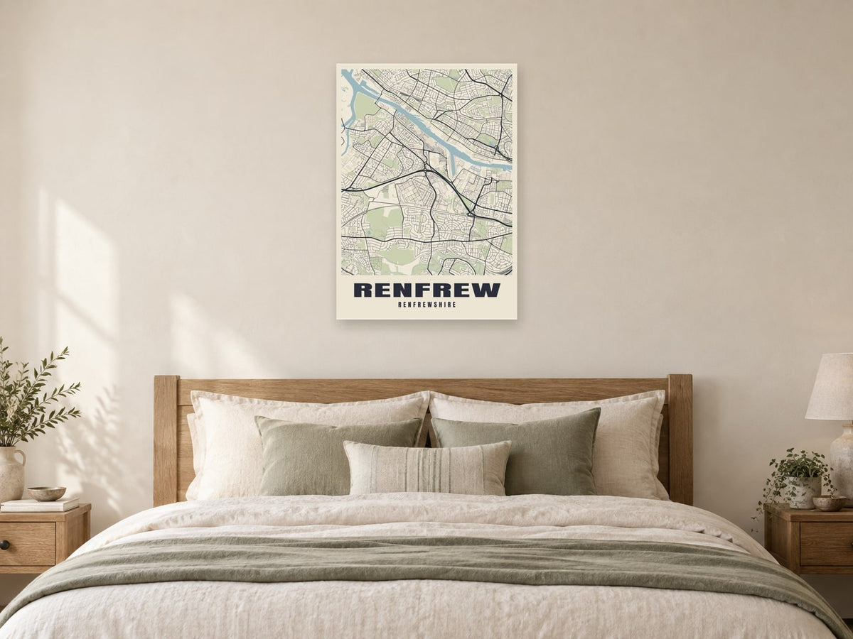 Renfrew Street Map Poster at A1, as a poster, above a bed