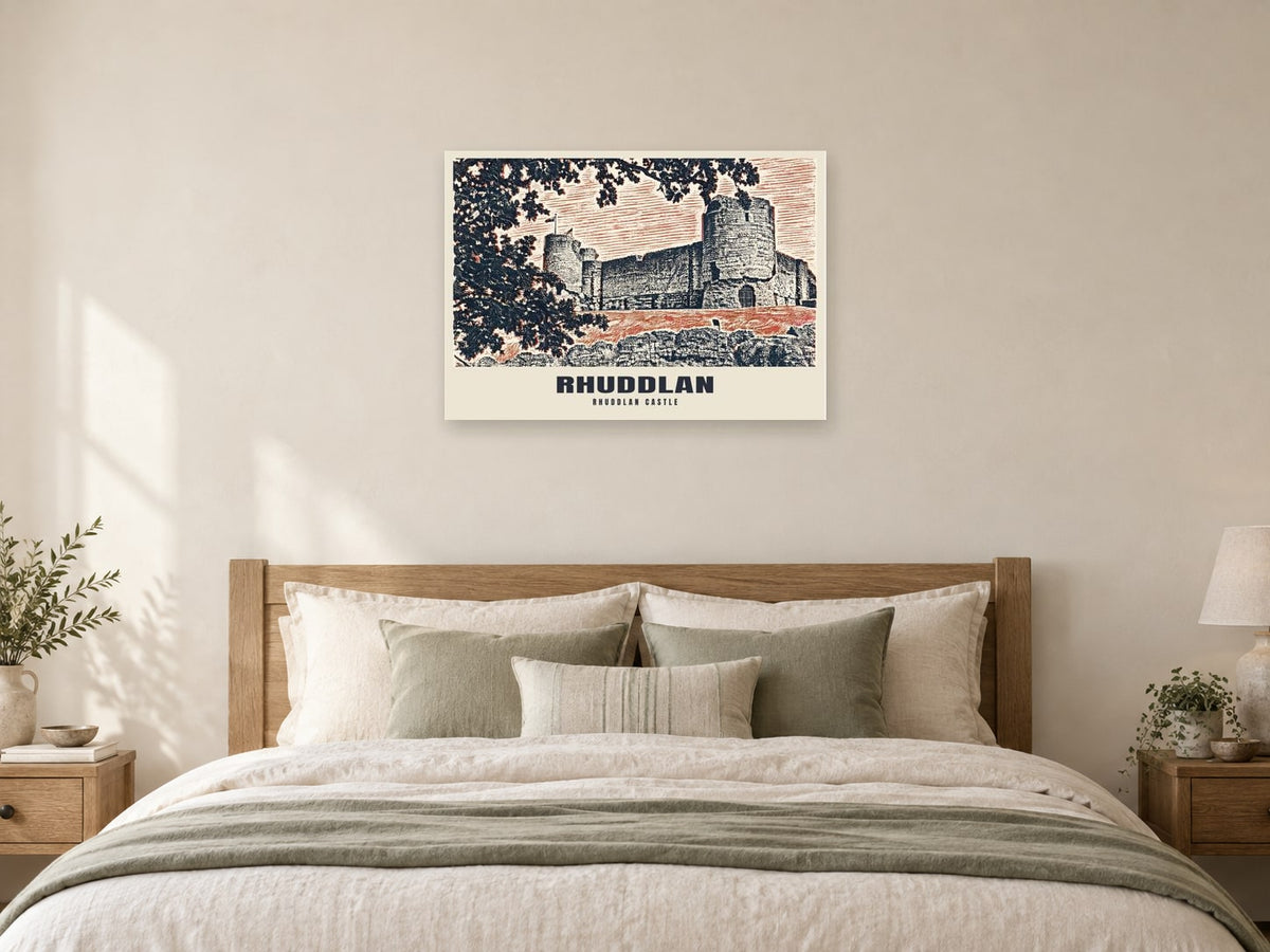 Rhuddlan Castle Poster at A1, as a poster, above a bed