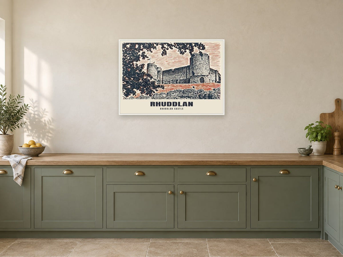 Rhuddlan Castle Poster at A1, in a white frame, in a kitchen