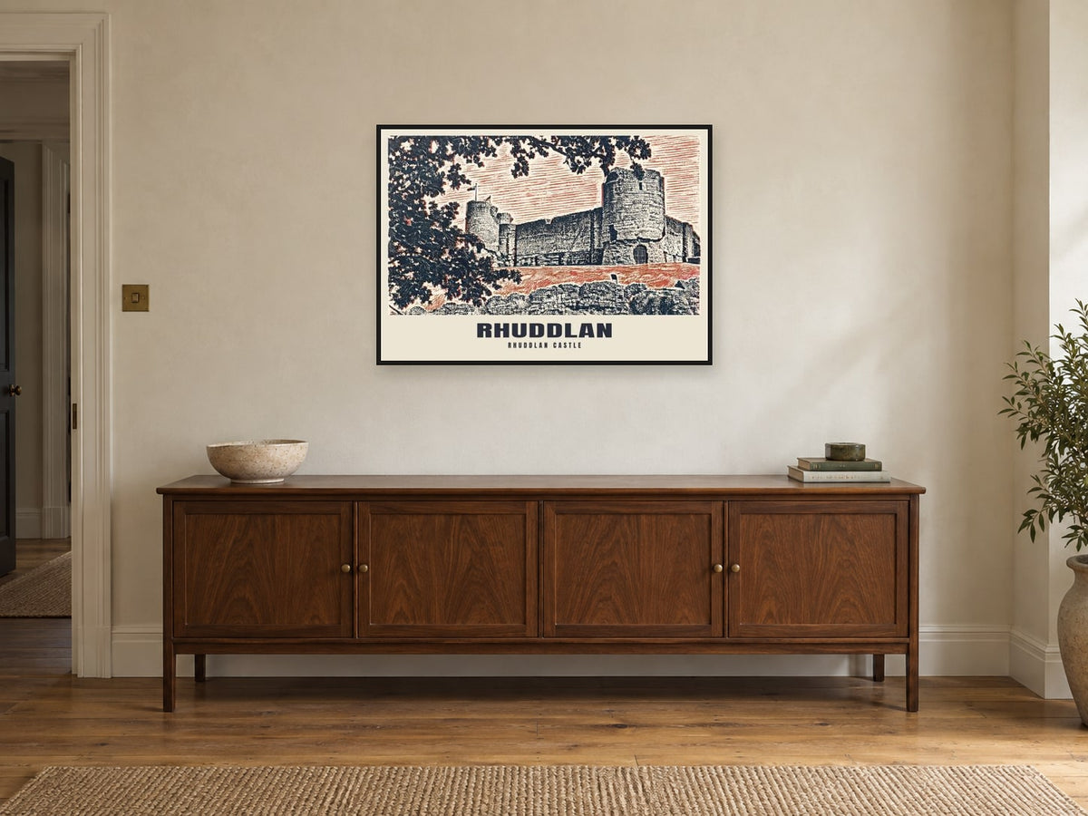 Rhuddlan Castle Poster at A1, in a black frame, above a sideboard