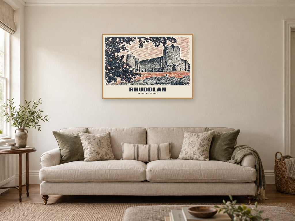 Rhuddlan Castle Poster at A1, in a natural wood frame, in a sitting room