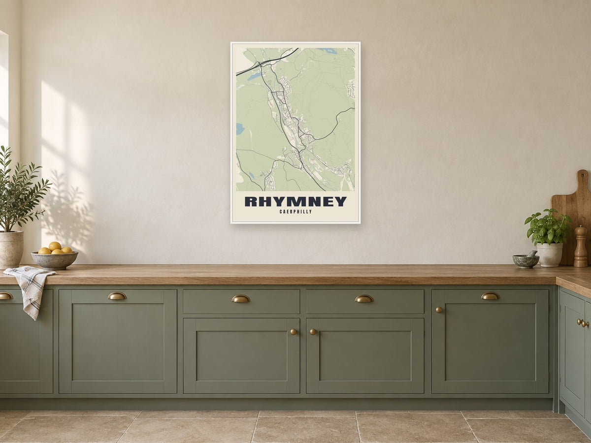Rhymney Street Map Poster at A1, in a white frame, in a kitchen