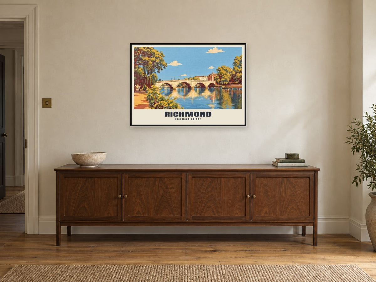 Richmond Bridge Poster at A1, in a black frame, above a sideboard
