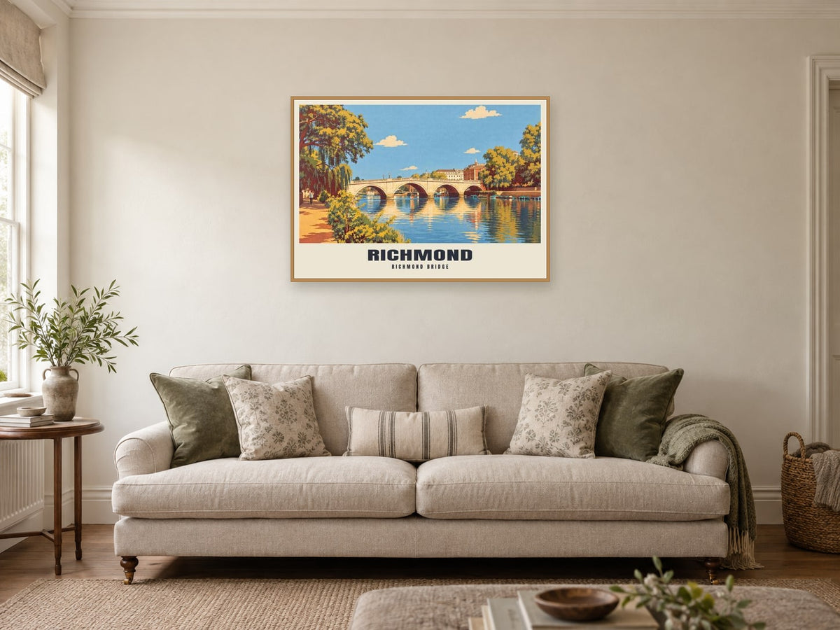 Richmond Bridge Poster at A1, in a natural wood frame, in a sitting room