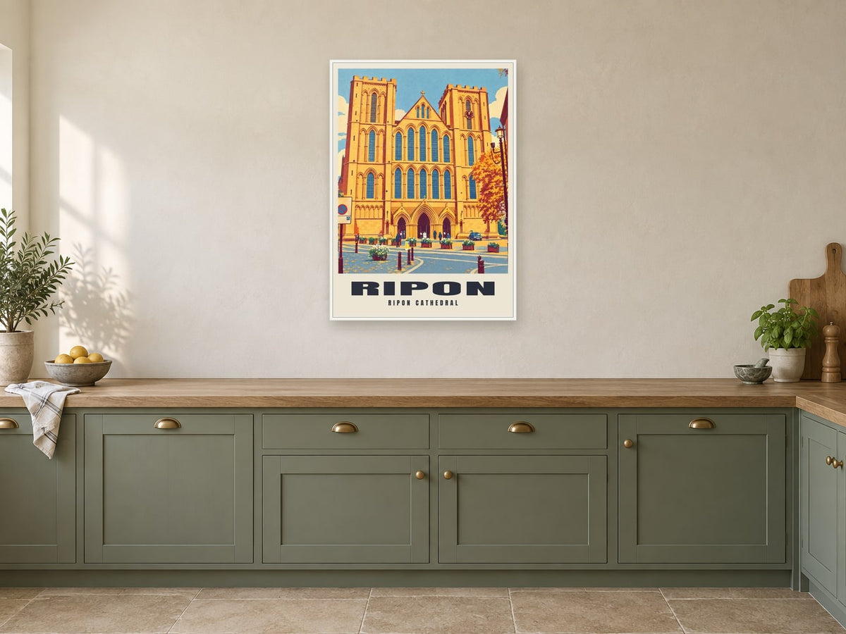 Ripon Cathedral Poster at A1, in a white frame, in a kitchen
