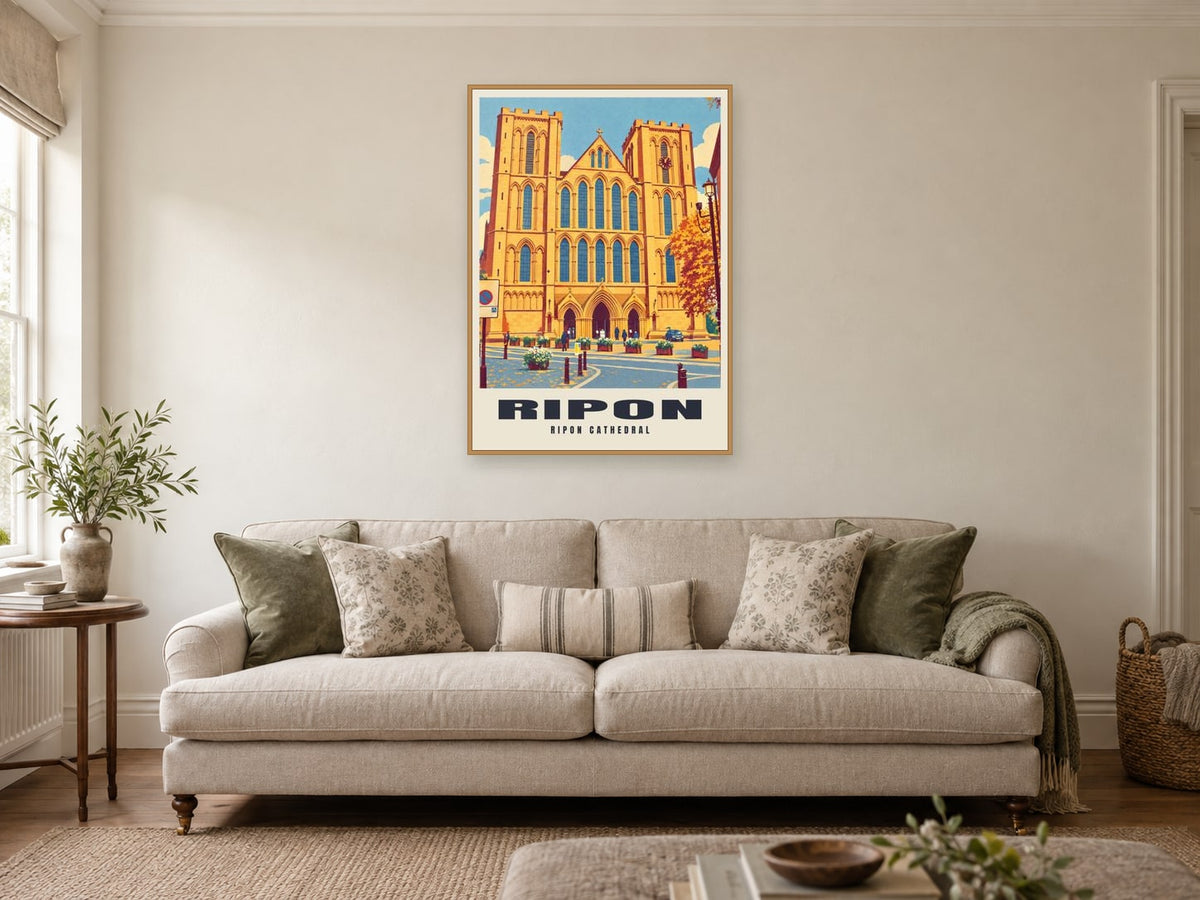 Ripon Cathedral Poster at A1, in a natural wood frame, in a sitting room