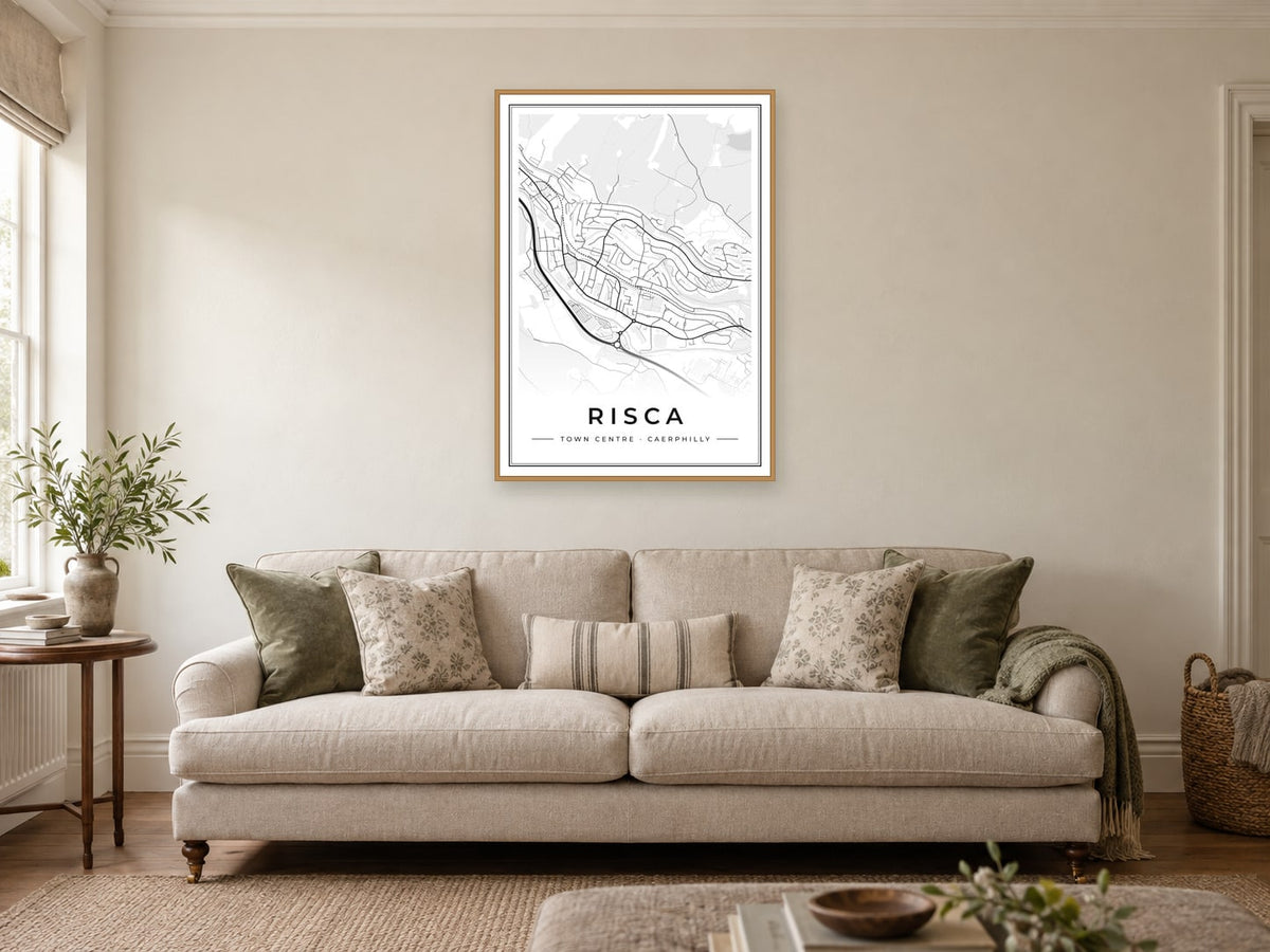 Risca Town Centre Street Map Poster at A1, in a natural wood frame, in a sitting room