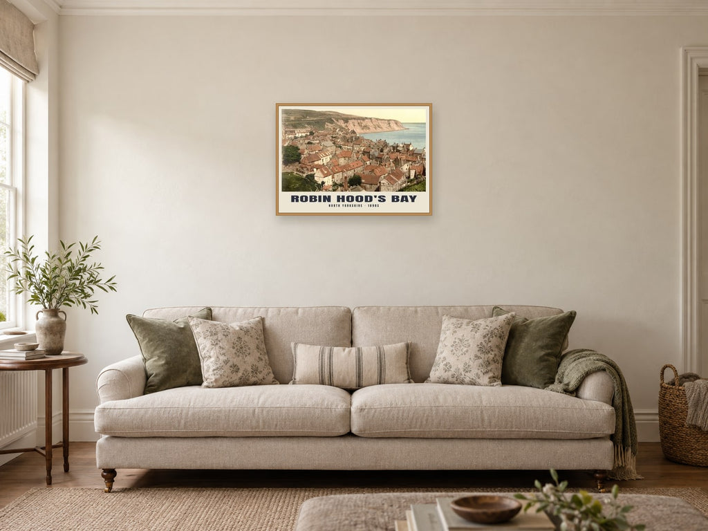 Robin Hood's Bay, 1890s Heritage Print at A2, in a natural wood frame, in a sitting room