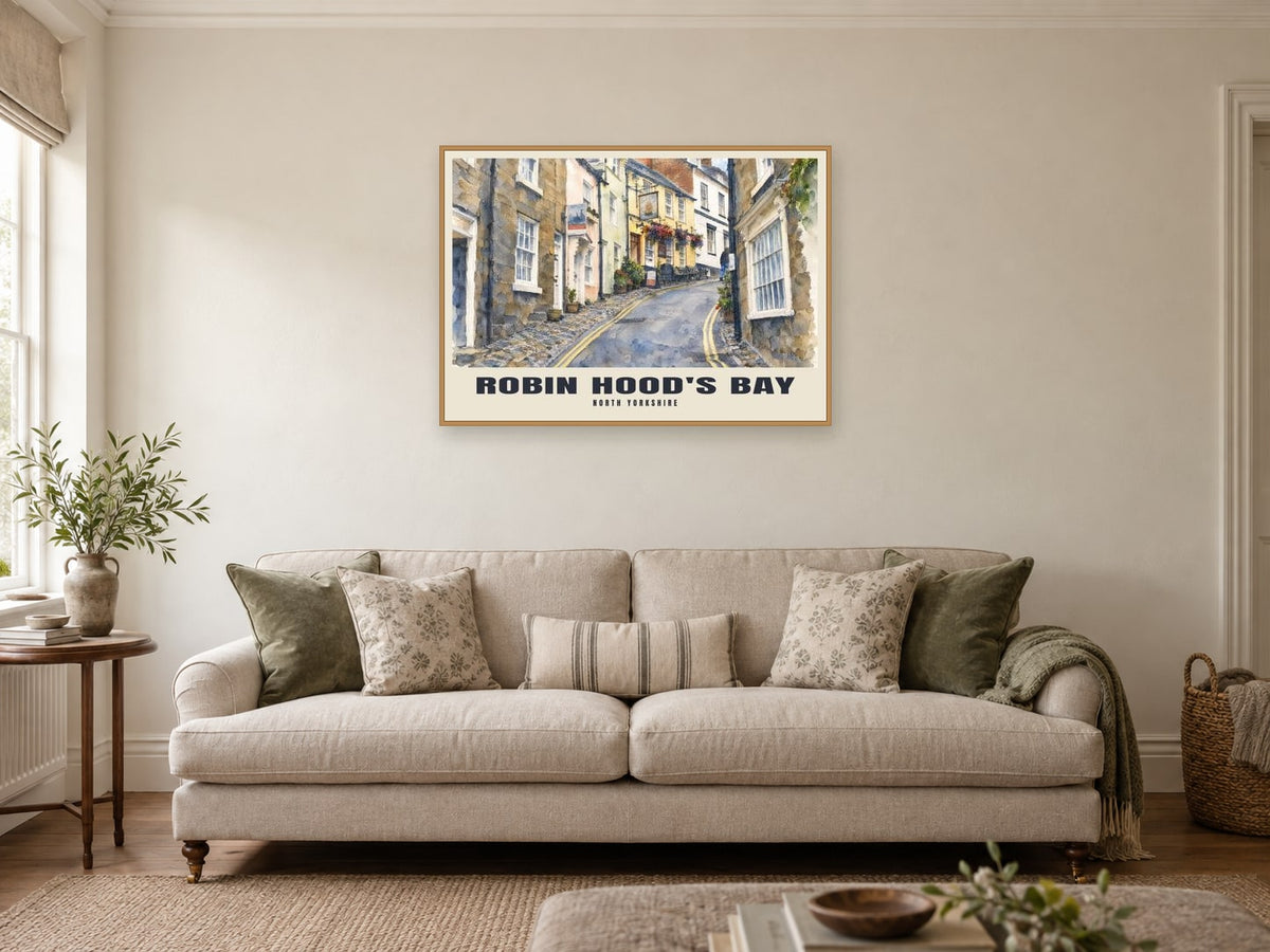 Robin Hood's Bay Poster at A1, in a natural wood frame, in a sitting room