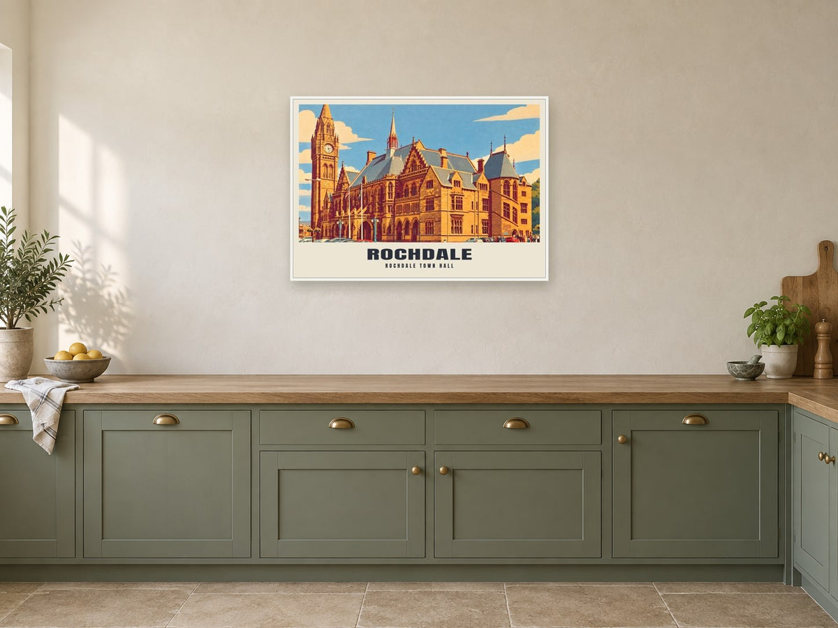 Rochdale Town Hall Poster at A1, in a white frame, in a kitchen