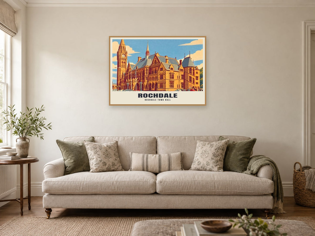 Rochdale Town Hall Poster at A1, in a natural wood frame, in a sitting room