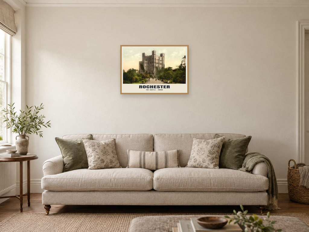 The Castle, Rochester, 1890s Heritage Print at A2, in a natural wood frame, in a sitting room