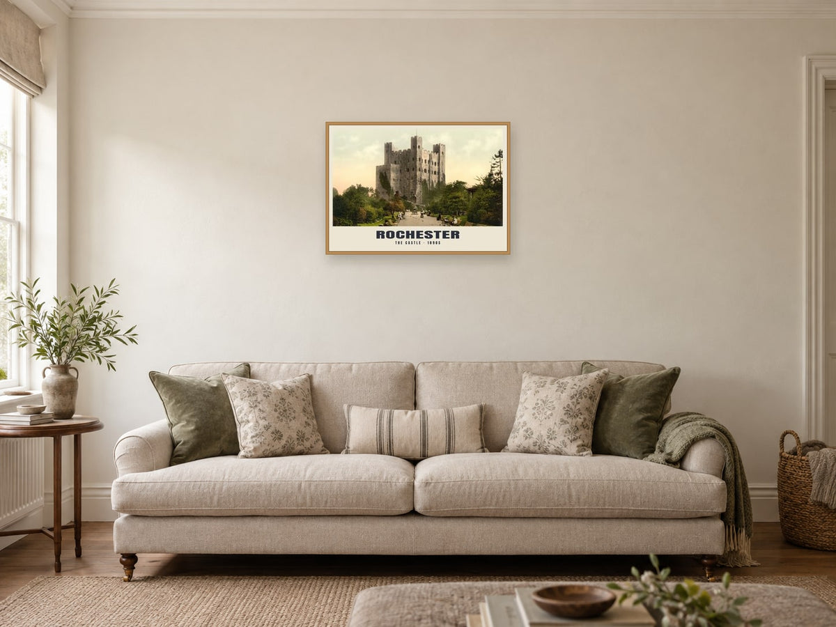 The Castle, Rochester, 1890s Heritage Print at A2, in a natural wood frame, in a sitting room
