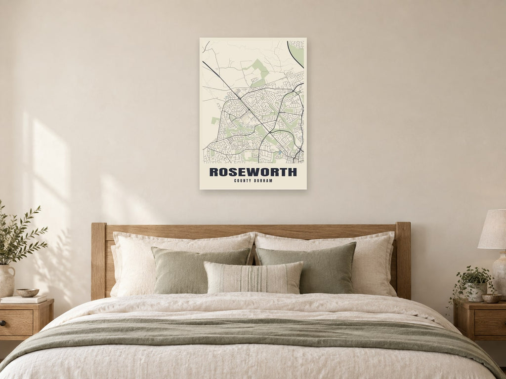 Roseworth Street Map Poster at A1, as a poster, above a bed